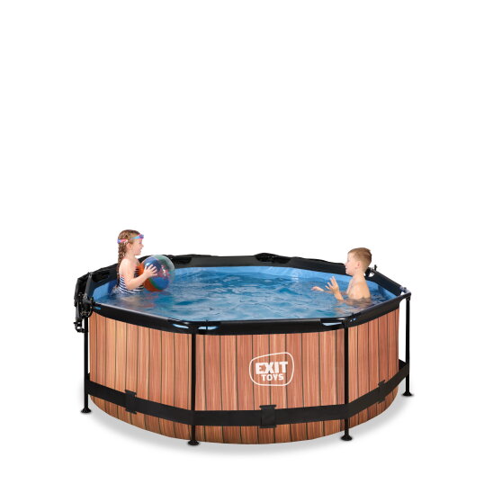 EXIT Wood zwembad ø244x76cm met filterpomp en schaduwdoek - bruin