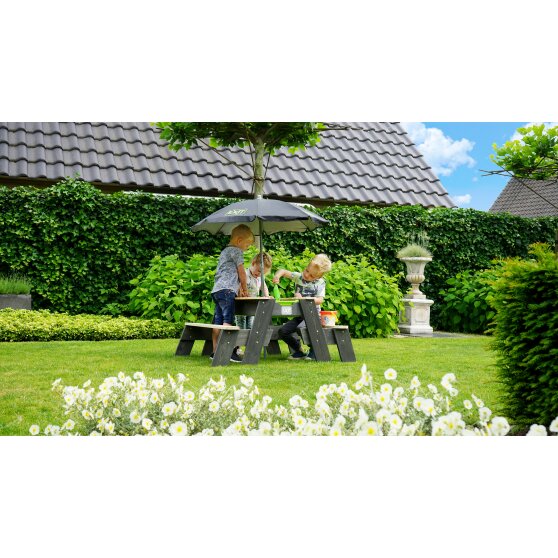 EXIT Aksent zand-, water- en picknicktafel (2 bankjes) met parasol en tuingereedschap