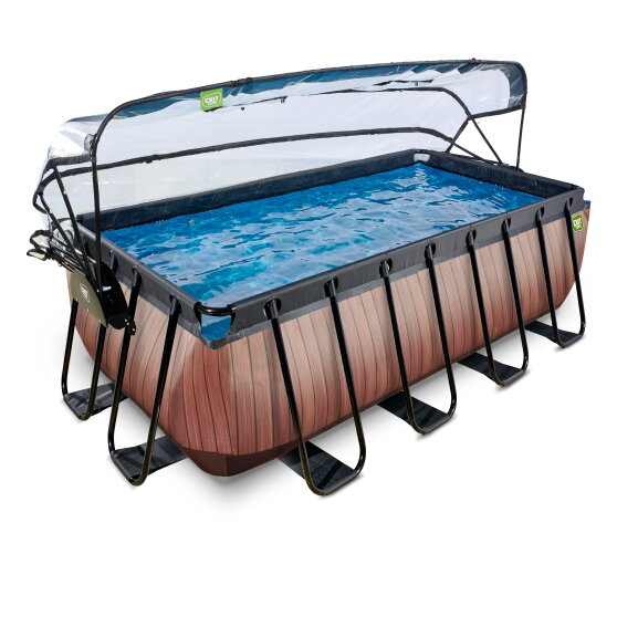 EXIT Wood zwembad 400x200x122cm met zandfilterpomp en overkapping - bruin