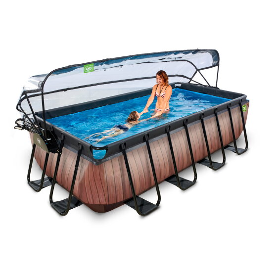 EXIT Wood zwembad 400x200x100cm met zandfilterpomp en overkapping en warmtepomp - bruin