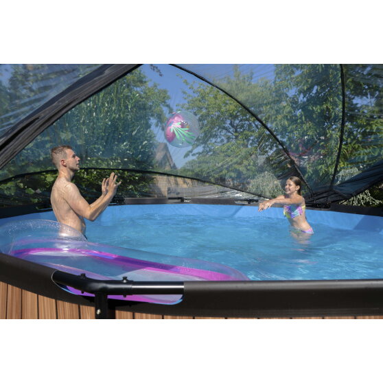 EXIT Wood zwembad ø450x122cm met zandfilterpomp en overkapping en warmtepomp - bruin