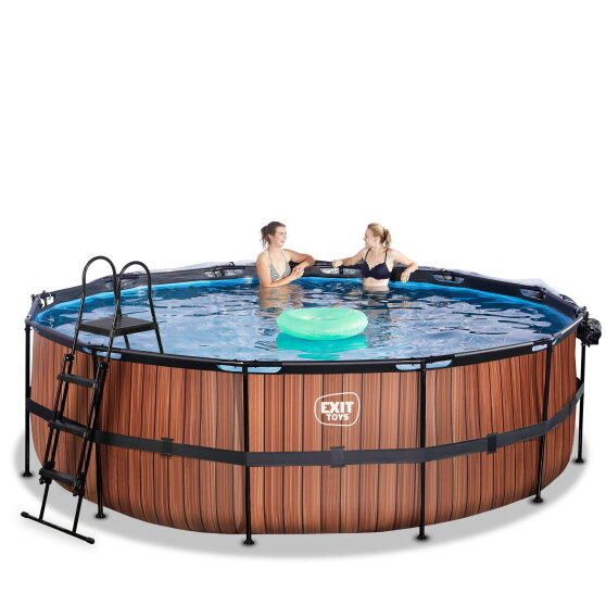 EXIT Wood zwembad ø450x122cm met zandfilterpomp en overkapping en warmtepomp - bruin