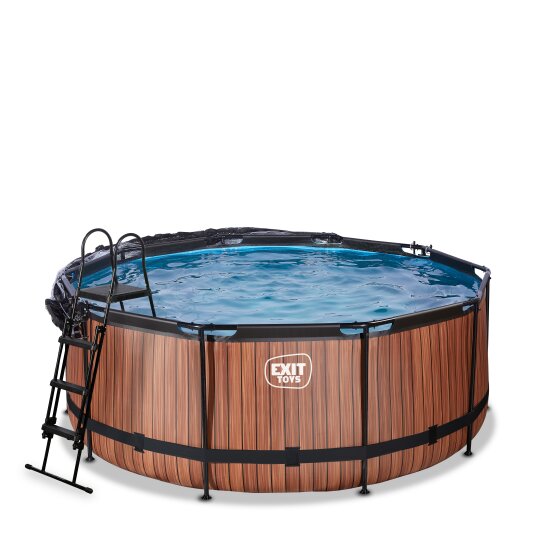 EXIT Wood zwembad ø360x122cm met zandfilterpomp en overkapping en warmtepomp - bruin