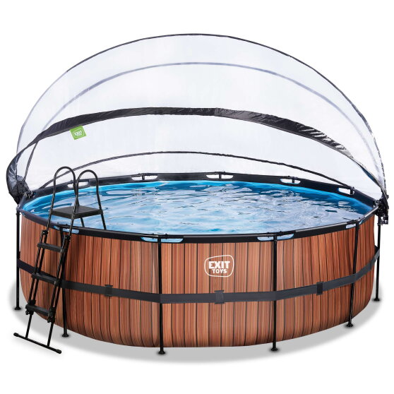 EXIT Wood zwembad &oslash;450x122cm met zandfilterpomp en overkapping en warmtepomp - bruin
