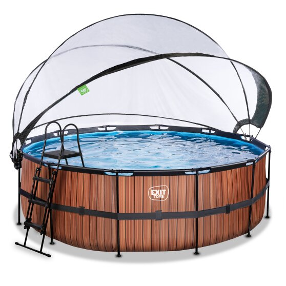 EXIT Wood zwembad ø427x122cm met zandfilterpomp en overkapping en warmtepomp - bruin
