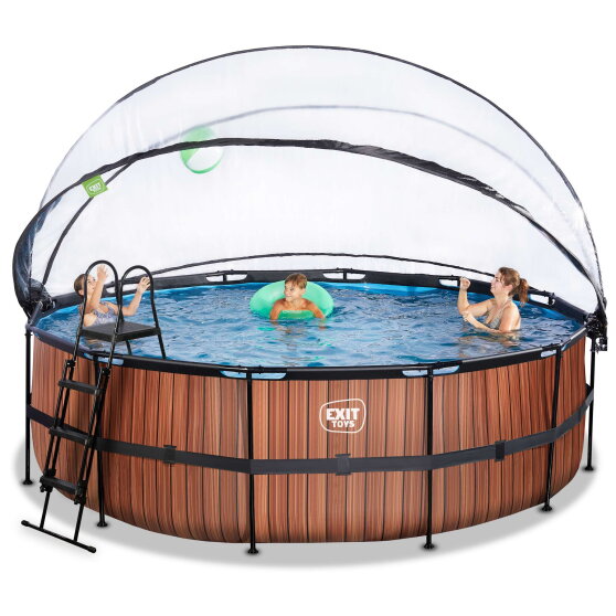 EXIT Wood zwembad ø450x122cm met zandfilterpomp en overkapping en warmtepomp - bruin