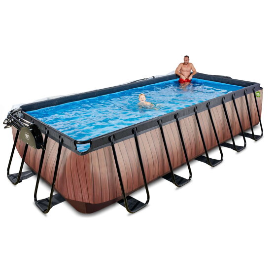 EXIT Wood zwembad 540x250x122cm met zandfilterpomp en overkapping en warmtepomp - bruin