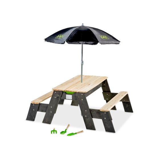 EXIT Aksent zand-, water- en picknicktafel (2 bankjes) met parasol en tuingereedschap