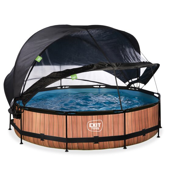 EXIT Wood zwembad ø360x76cm met filterpomp en overkapping en schaduwdoek  - bruin