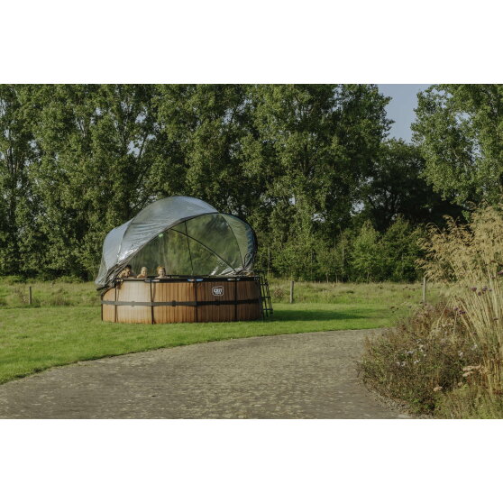 EXIT Wood zwembad &oslash;427x122cm met zandfilterpomp en overkapping en warmtepomp - bruin