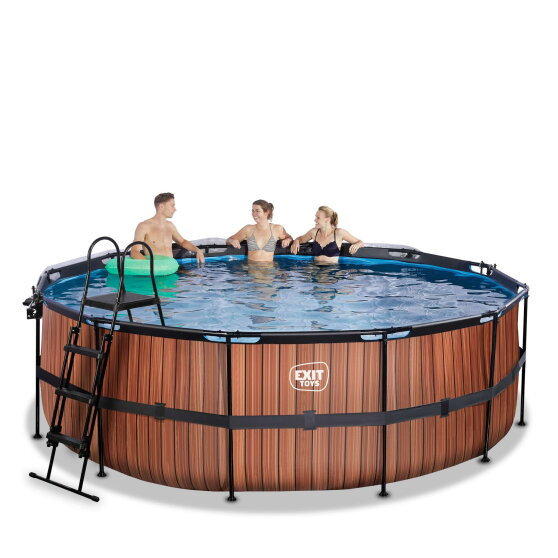 EXIT Wood zwembad &oslash;427x122cm met zandfilterpomp en overkapping en warmtepomp - bruin