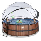 EXIT Wood zwembad &oslash;427x122cm met zandfilterpomp en overkapping en warmtepomp - bruin