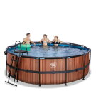 EXIT Wood zwembad &oslash;427x122cm met zandfilterpomp en overkapping en warmtepomp - bruin